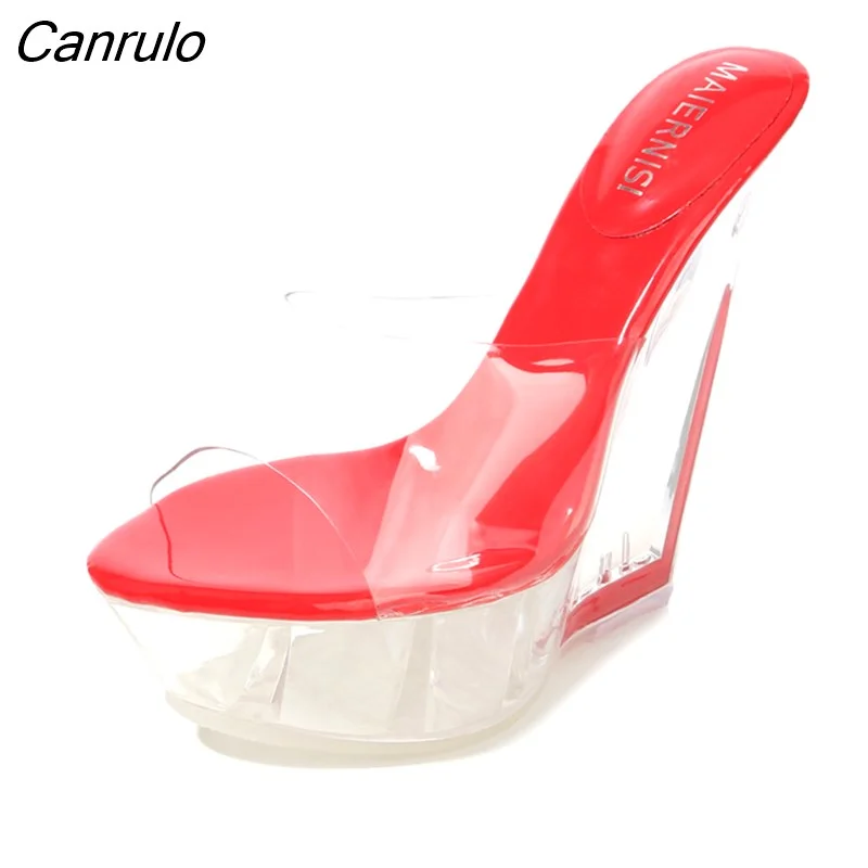 Canrulo Heel Sandals Women Platform Transparent Wedge Crystal Sandals Sexy Open-toed Sandals Woman High Heel Pumps