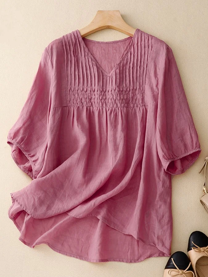 Loose Quarter Sleeved V-Neck Pleated Shirt