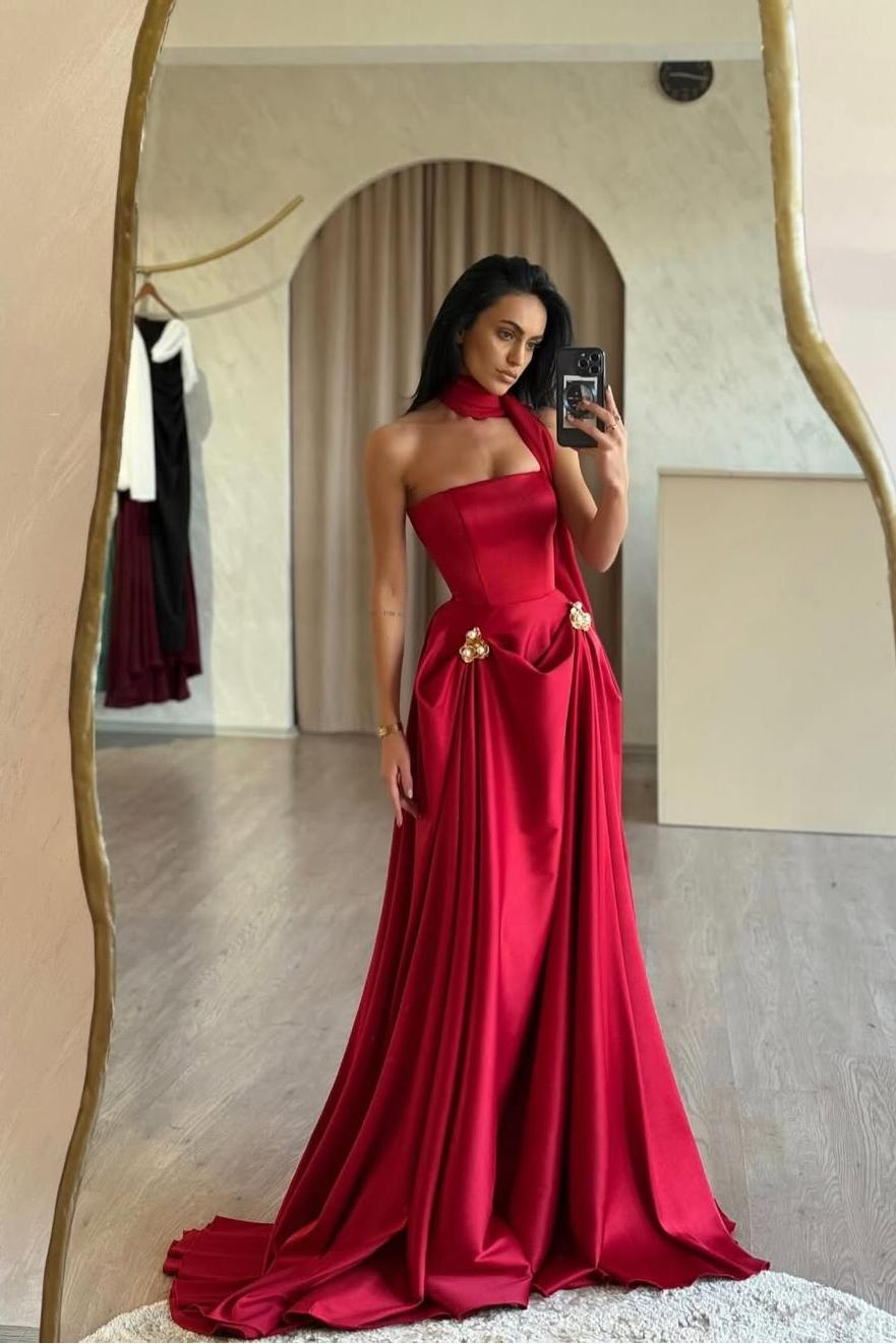 Beautiful Red Satin Strapless Sleeveless Long Pleated Prom Dress with Beadings | MS0559 