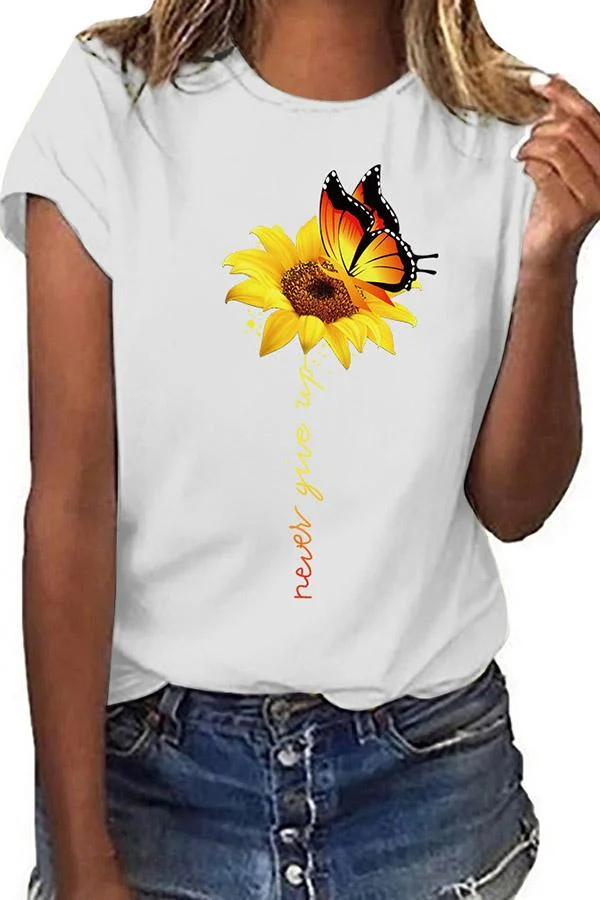 Casual Round Collar Butterfly Sun Flower Short Sleeve T-Shirt