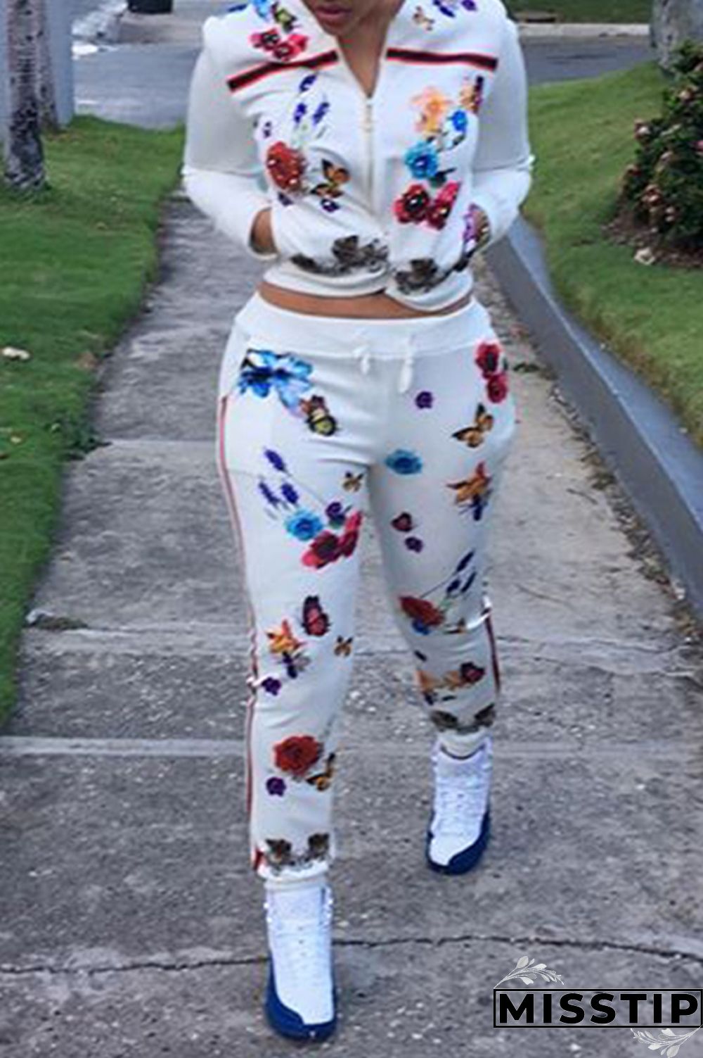 White Casual Printed Two-piece Pants Set