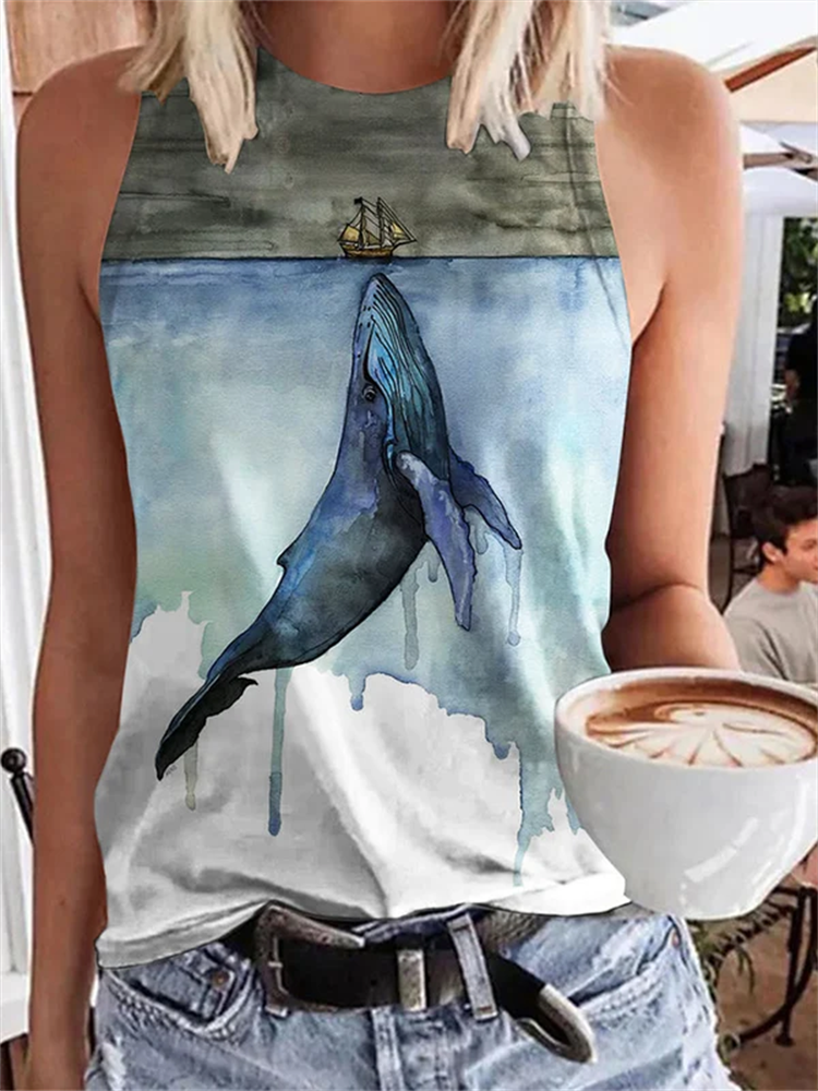 Women's Watercolor Whale Print Tank Top  artssus
