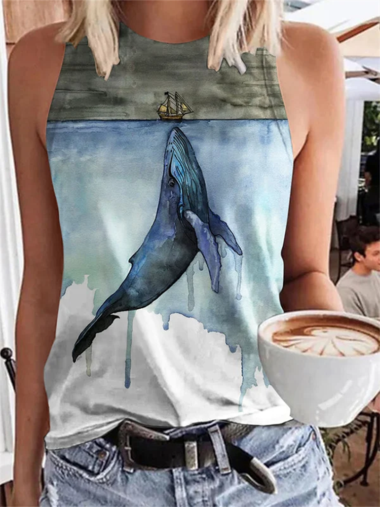 Women's Watercolor Whale Print Tank Top