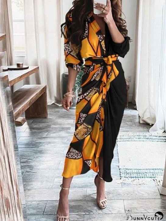 Dresses V-Neck Button Print Long Sleeve Dress for Women