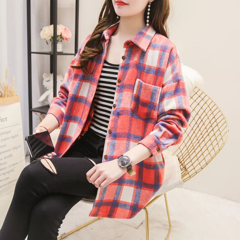 Autumn Winter Plaid Shirts Women Loose Blouses Woolen Lady Tops Female Clothes Outwear