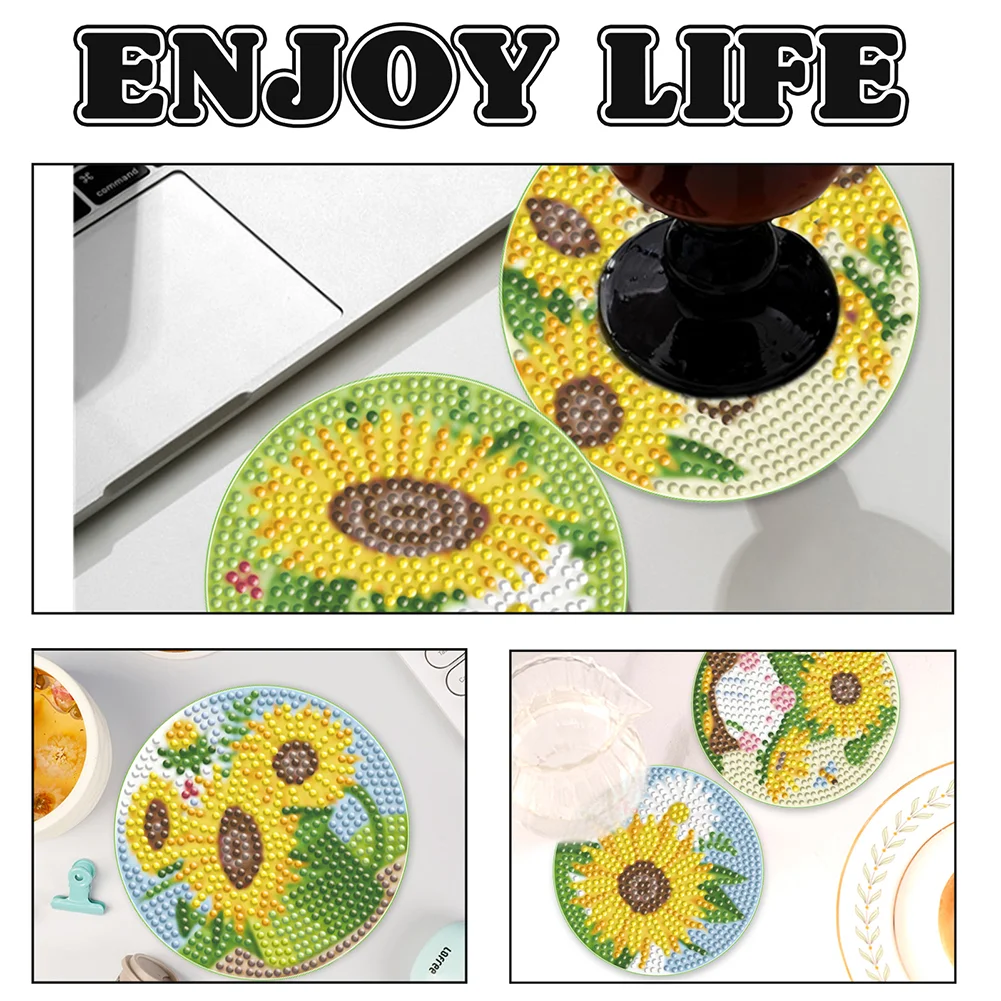 6pcs DIY Sunflower Gnome Diamond Crafts Coasters with Holder Wooden DIY Coaster