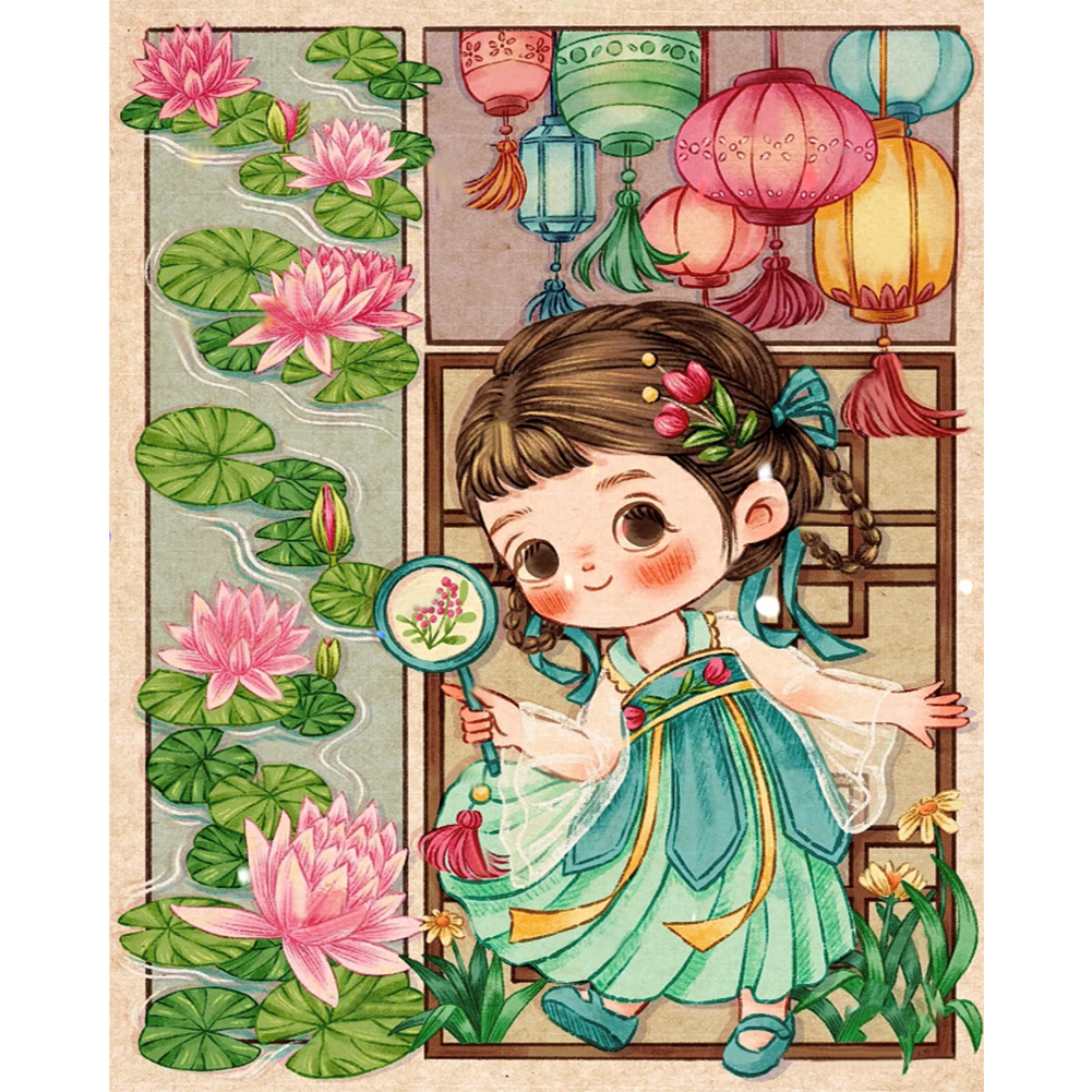 Ancient Style Lotus Little Girl (40*50CM) 11CT Stamped Cross Stitch gbfke