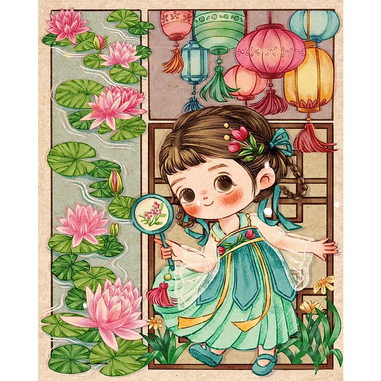 Ancient Lotus Flower Girl - Printed Cross Stitch 11CT 40*50CM