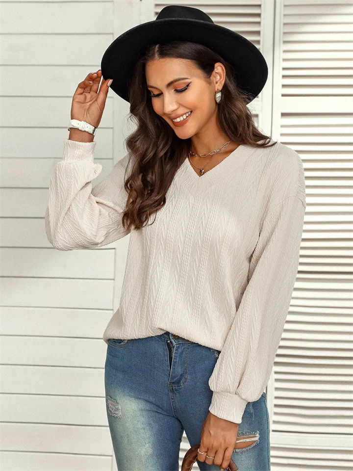 Fashion Jacquard V-neck Solid Color Knitted Sweater-Hoverseek