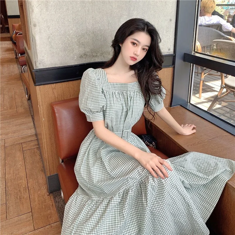 Dresses Women Summer Large Size 3XL Dress Plaid Puff Sleeve Square Collar Long Sashes Fashion Womens Sundress Elegant Casual New