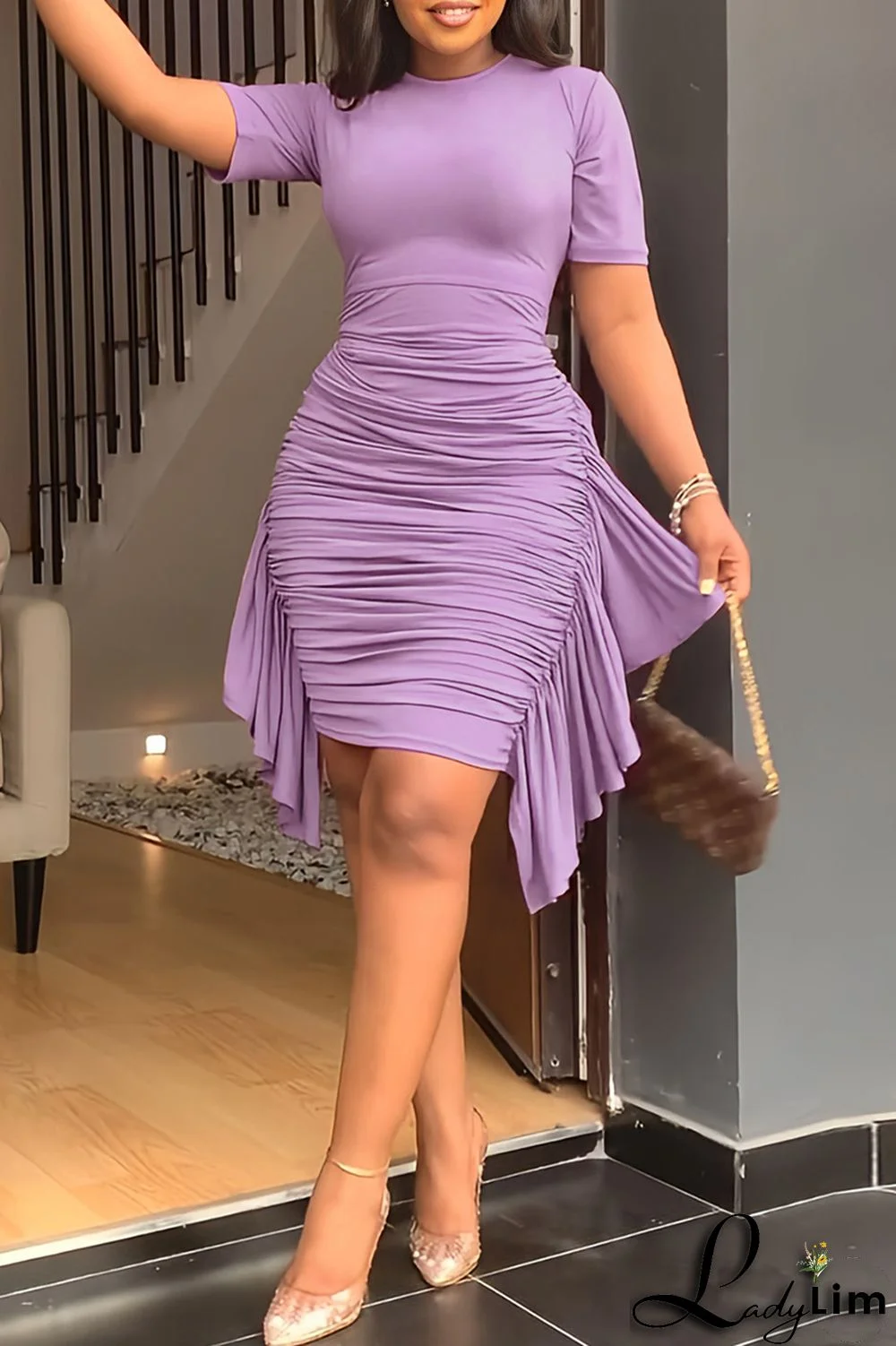 Pink Fashion Casual Solid Patchwork Fold O Neck Short Sleeve Dress