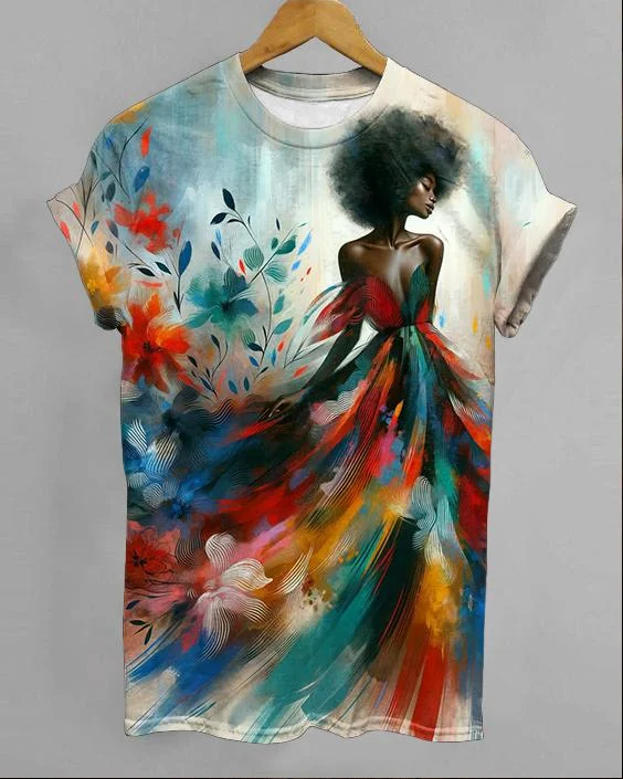 Black Girl Oil Painting Women's Crew Neck Short Sleeve T-shirt