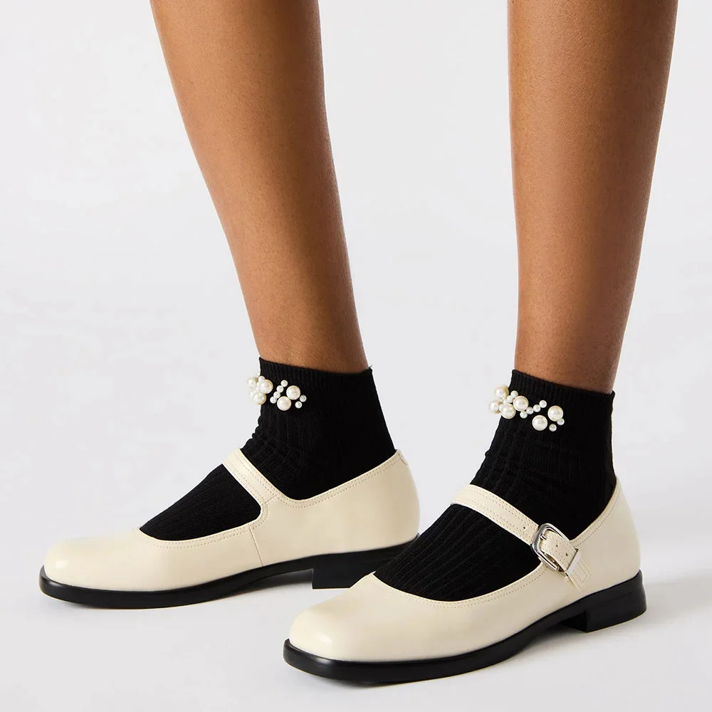 Women's Ivory Square Toe Comfort Adjustable Buckle Mary Jane Flats