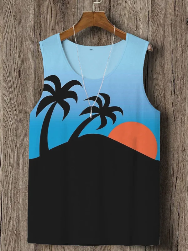 Men's Tropical Trees Sunset Scenery Art Printed Tank Top