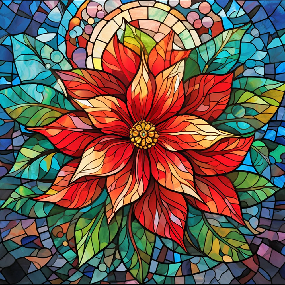 Stained Glass Red Flowers 30*40cm(canvas) full round drill diamond painting