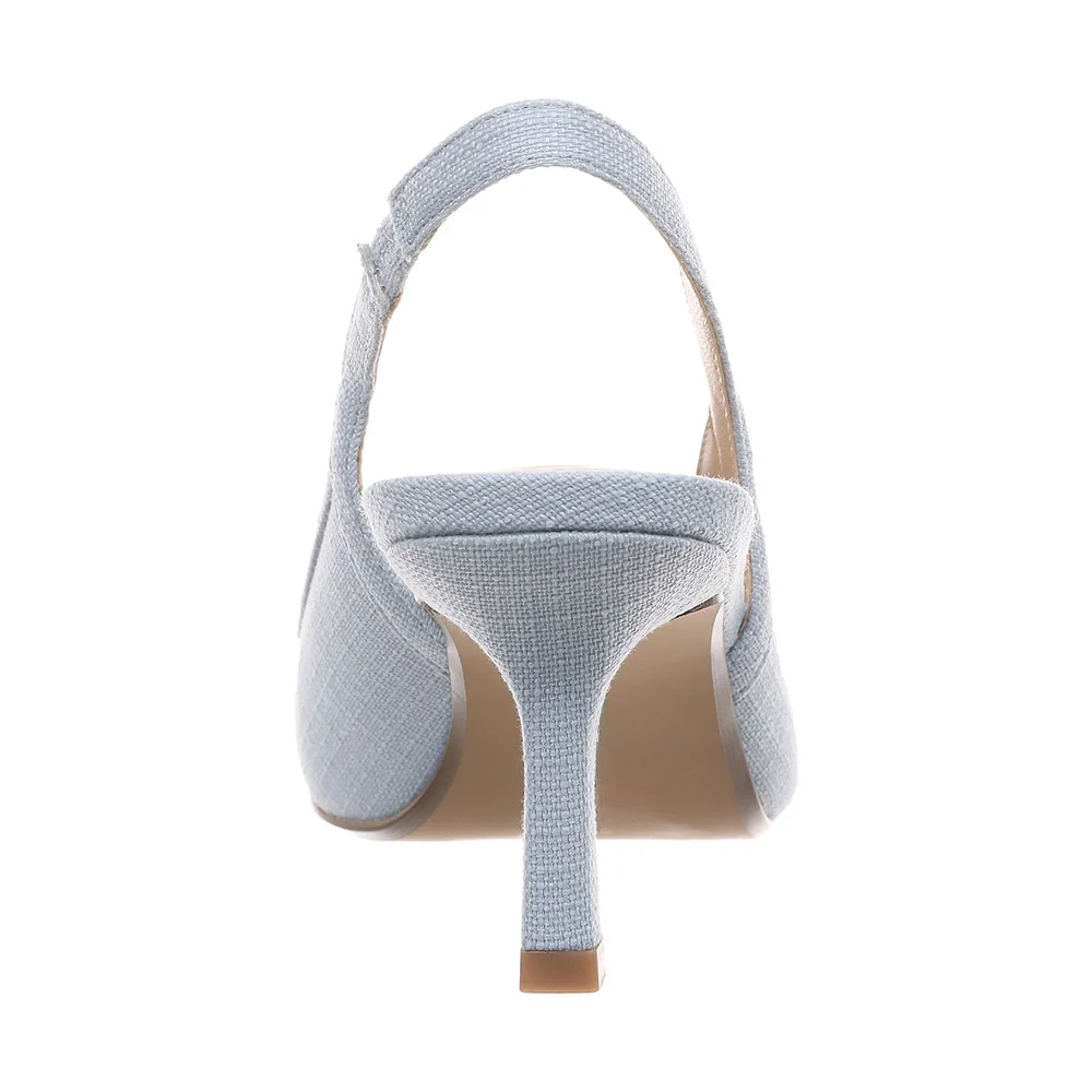Light Blue Fabric Pointed Toe Bow Slingback Pumps Heels for Women