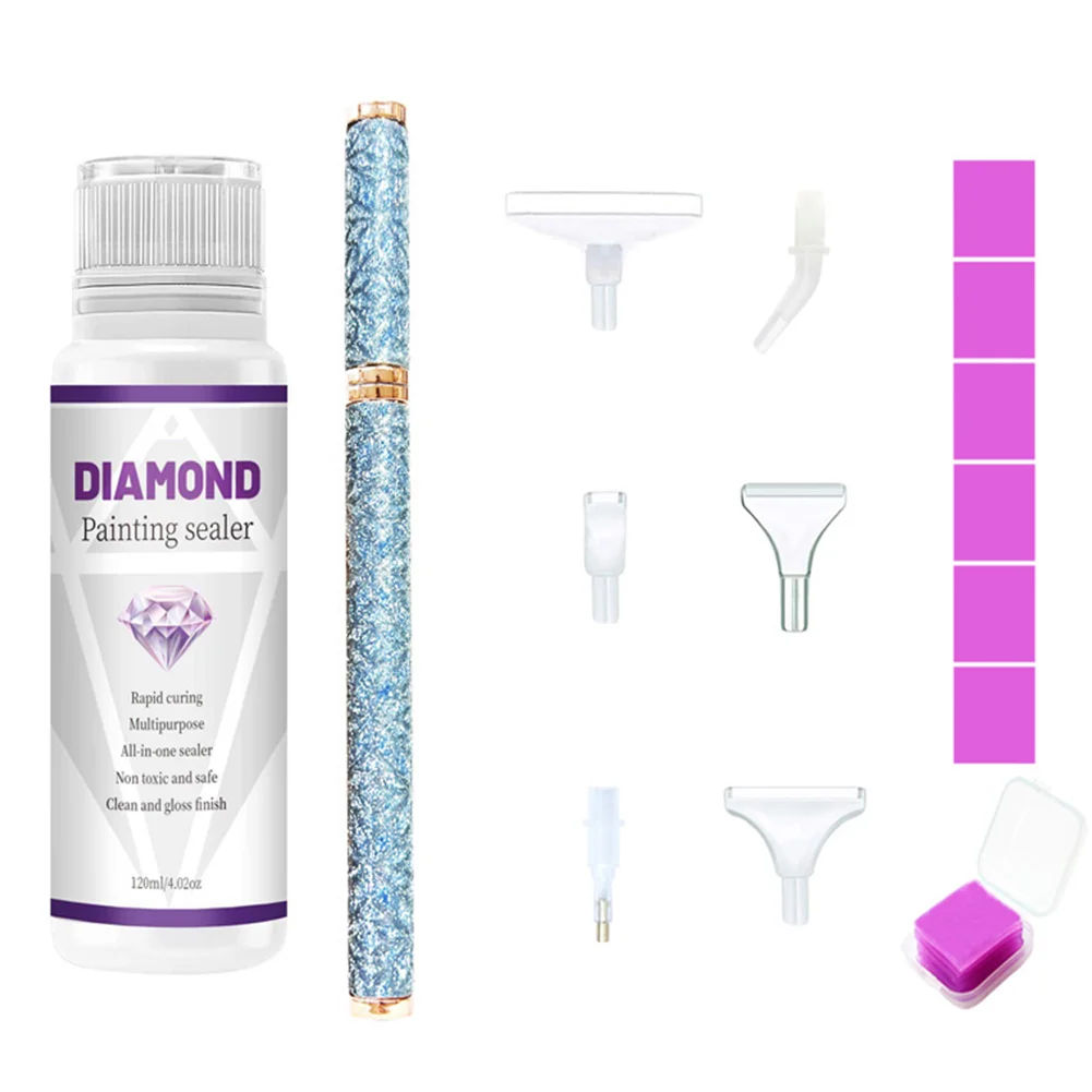 DIY Diamond Painting Glue Tool Canvas Permanent Preservation Sealing Agent 120ml - Blue dot drill pen + plastic 6 heads + 6 pieces of clay + sealant glue