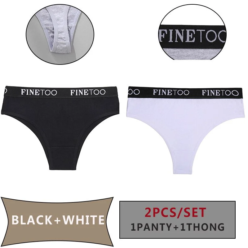 FINETOO 2PCS/Set Women Cotton Panties Sexy Letter Underwear Panty Thong Low Waisted 1Panty+1G-string Brief Tanga Lingerie Femme