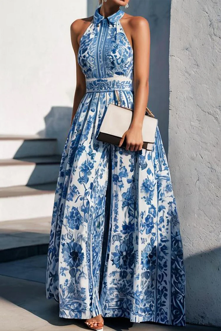 Sleeveless Turndown Collar Floral Print Cinch Waist Maxi Dresses-Blue