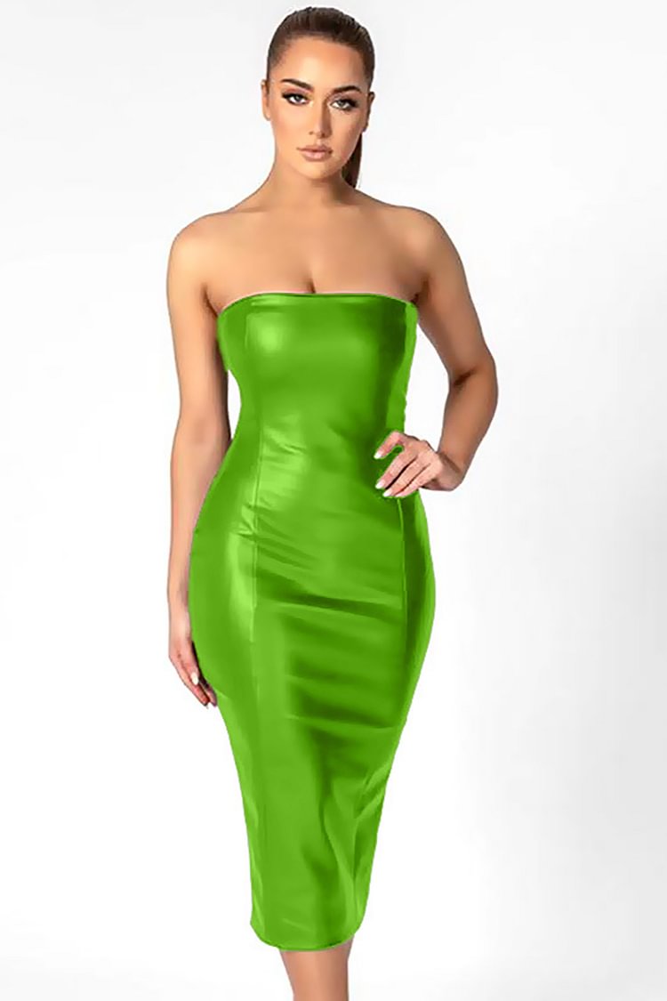 Strapless Bodycon PU Leather Slit Formal Party Midi Dresses