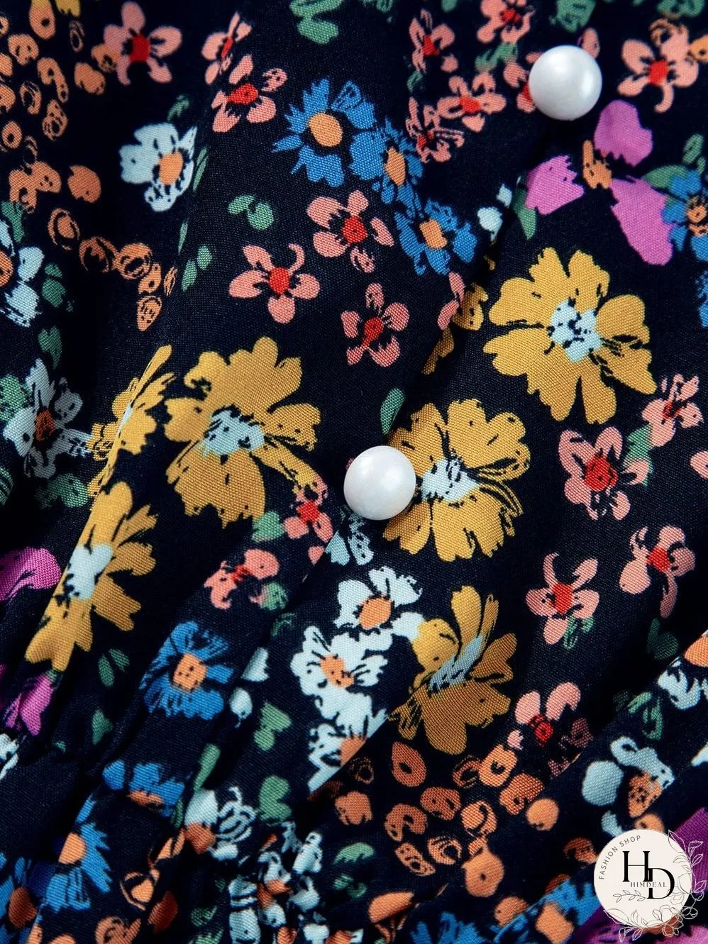 Elegant Black Floral V-Neck Midi Dress with Ruffle Sleeves