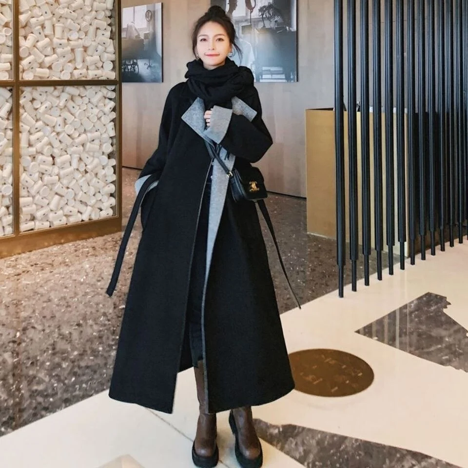 Office Lady Black Hepburn Wool Coat Women's Middle And Long 2021 Fashion Winter New Loose And Thin Temperament Thick Woolen Coat
