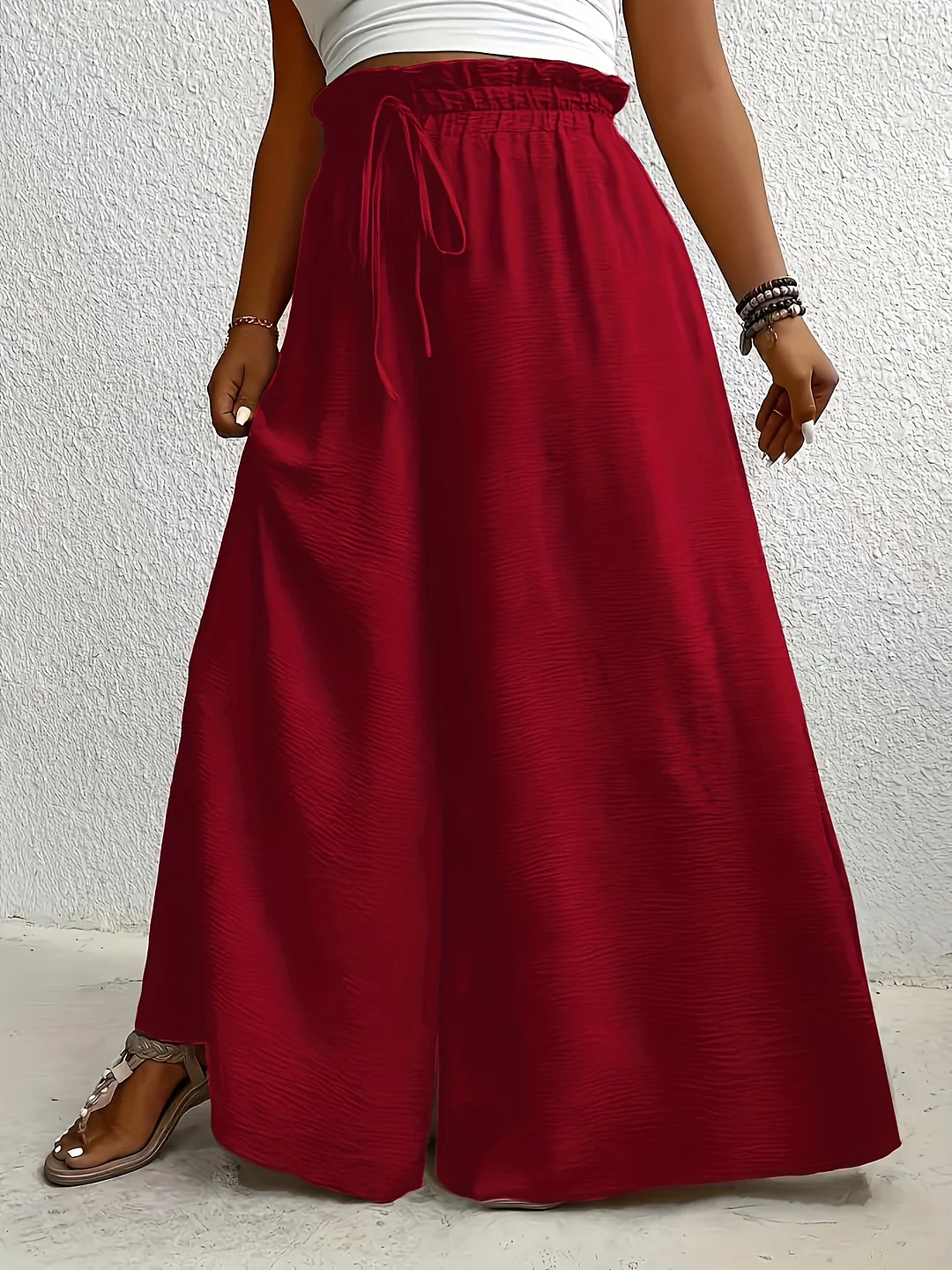 Women's High-Waisted Wide-Leg Skirt Pants With Adjustable Tie Waist - Loose Fit Beige Casual Elegant Outfit For Spring Summer Fall, Machine Washable, Casual Wear Pants | Neutral Tone Attire | Textured Material | IFYHOME