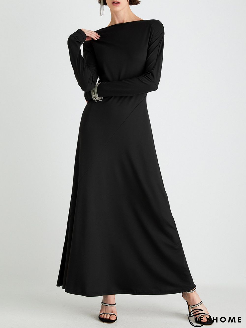 High Elasticity Regular Fit Plain Elegant Long sleeve Long Dress | IFYHOME