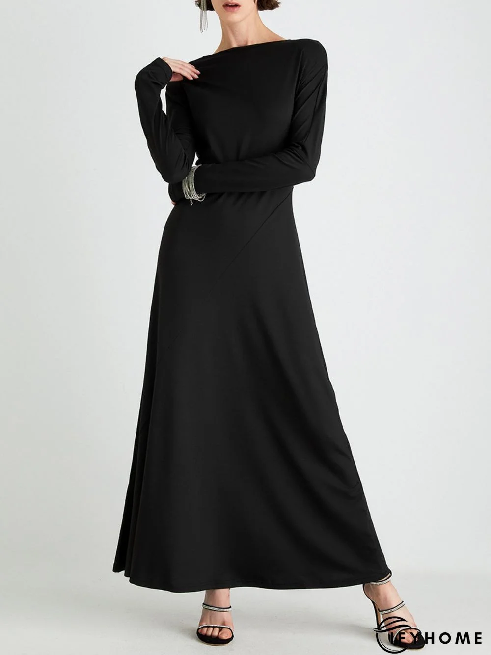 High Elasticity Regular Fit Plain Elegant Long sleeve Long Dress | IFYHOME