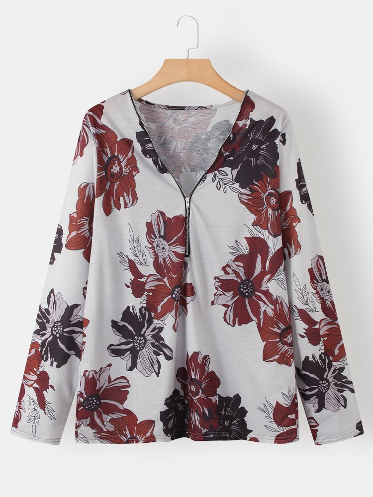 Calico Print Zip Front Long Sleeve Casual Blouse P1775884