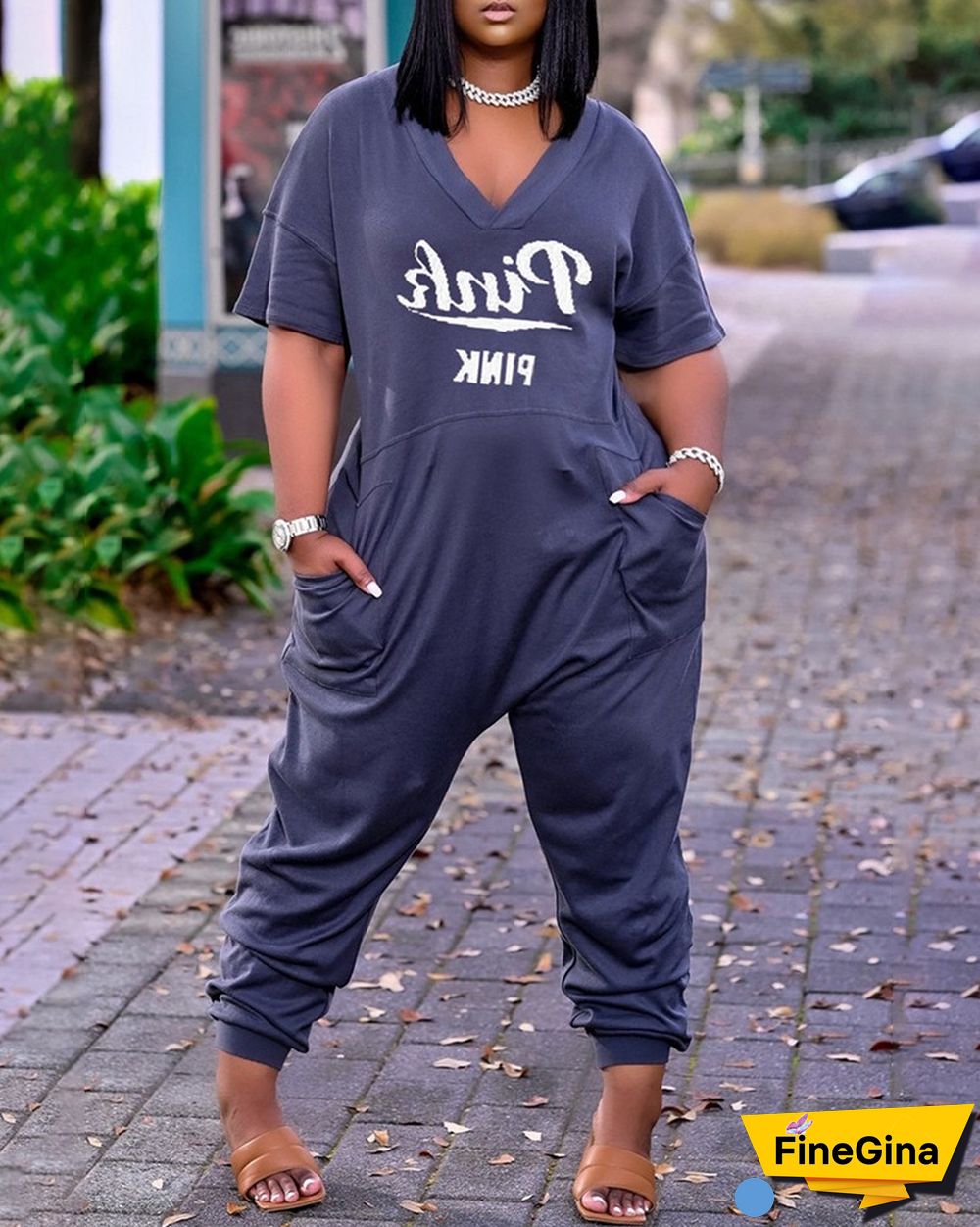 Letter Print V-Neck Short Sleeve Pocket Design Jumpsuit