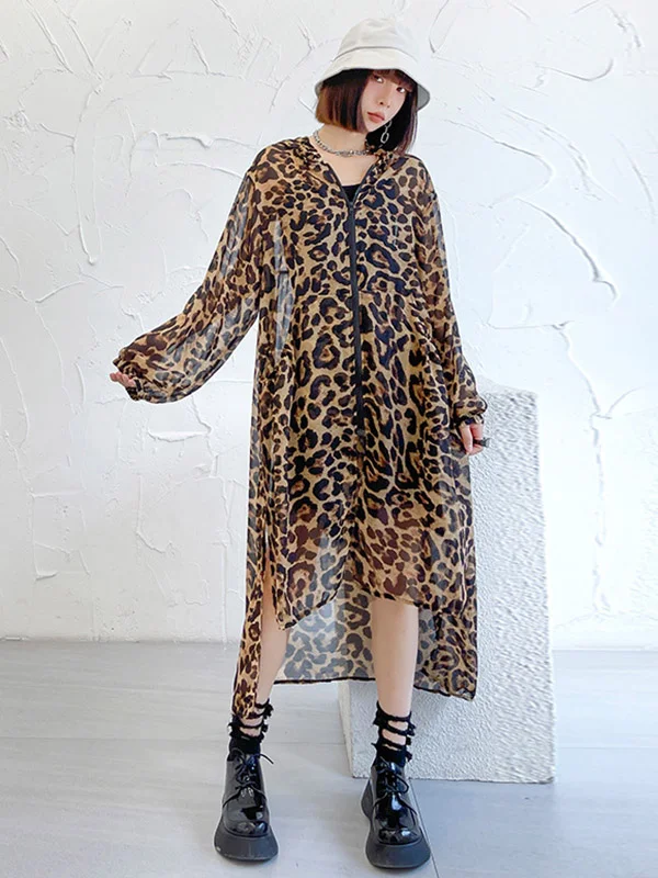 Original Leopard Zipper Split-Side Hooded Long Sleeves Sun-Protection Outerwear