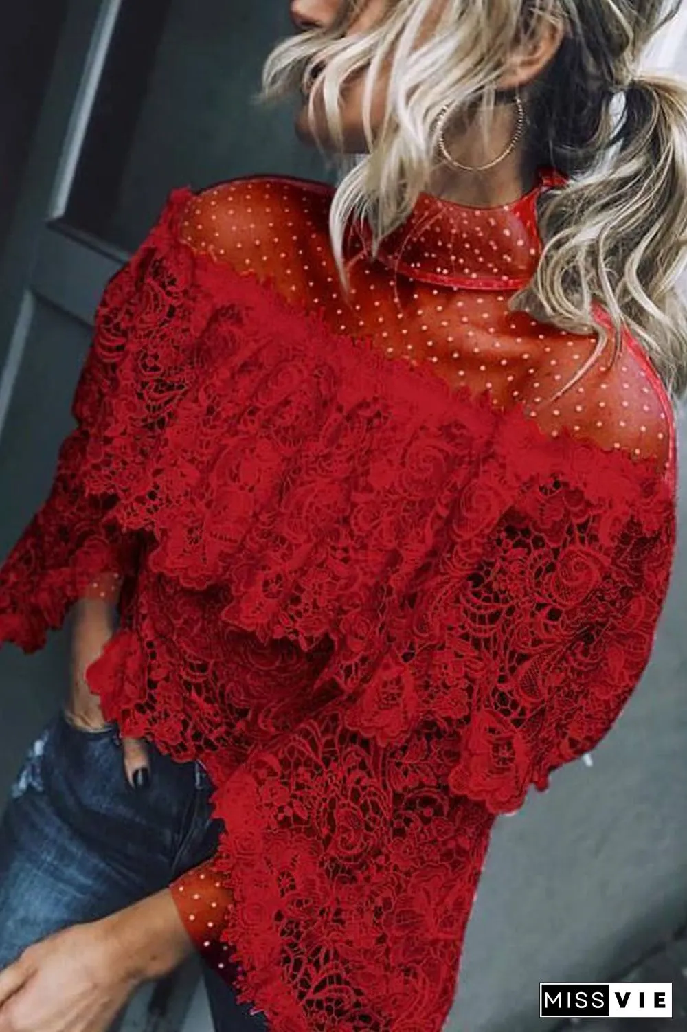 Sheer Mesh Lace Patchwork Blouse
