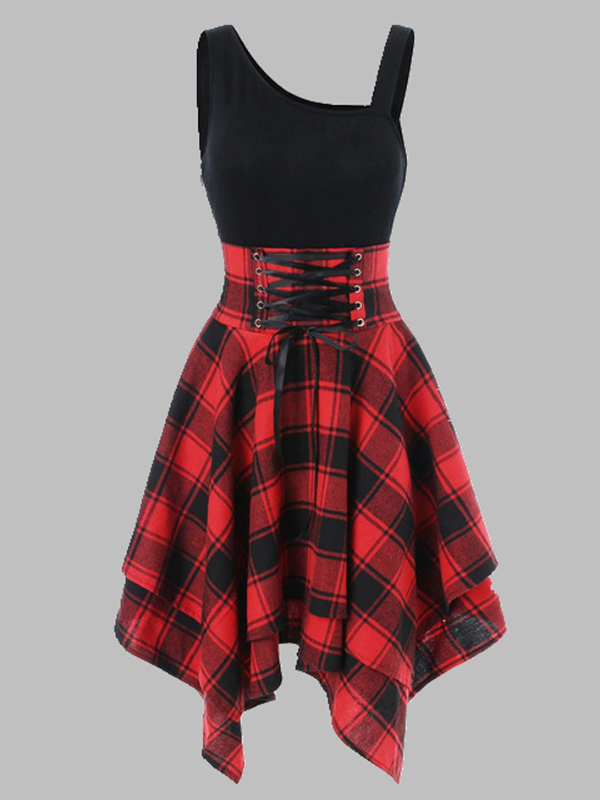 Women Plaid Lace Up One Shoulder Dress 