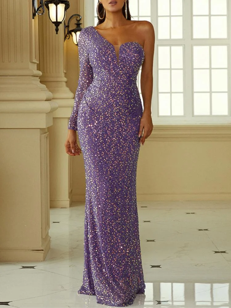 Neosepa-Elegant Single Shoulder Long Sleeve Slim Cut Sequins Purple Fiahtail Maxi Dress