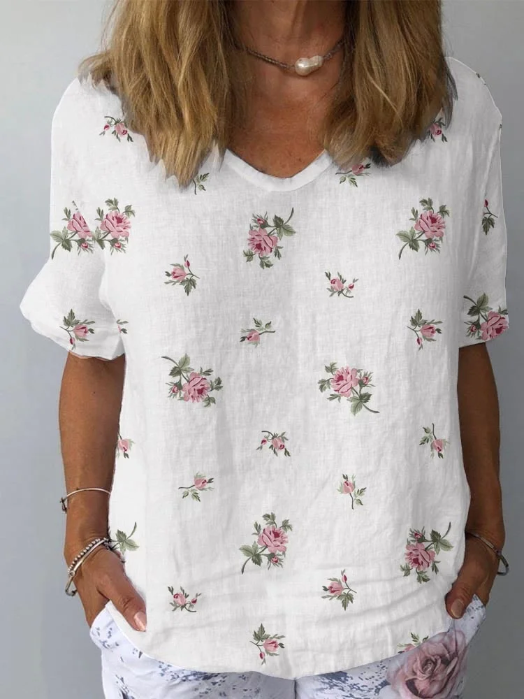 Women's Artistic  Rose Flower Pattern Cotton and Linen Short Sleeve Top