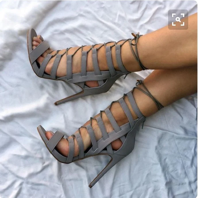 Grey Strappy Lace Up Sandals with Stiletto Heels Vdcoo