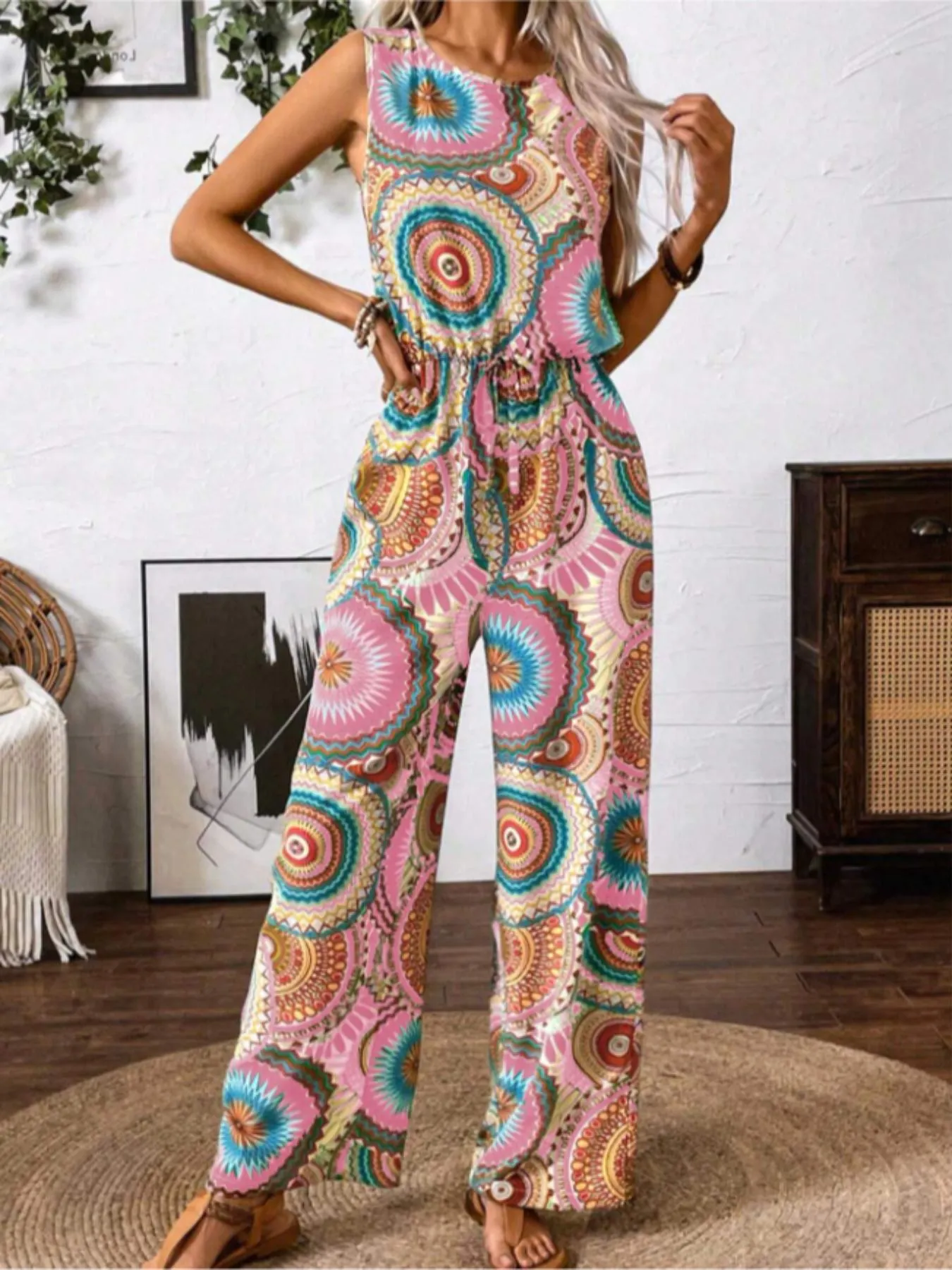 Women's Bohemian Style Sleeveless Jumpsuit, All over Print, Fitted, Casual, Round Neck, Wide Leg, Elastic Waist, Party & Vacation, Boho