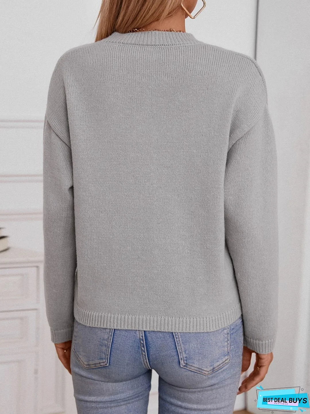 Pocketed Notched Long Sleeve Knit Top