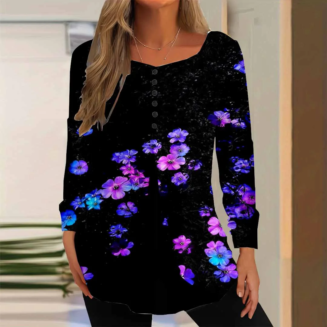 Women Floral,Black DZGG8372 Long Sleeve Scoop Neck Printed Graphic Button Fake 2in1 Tops