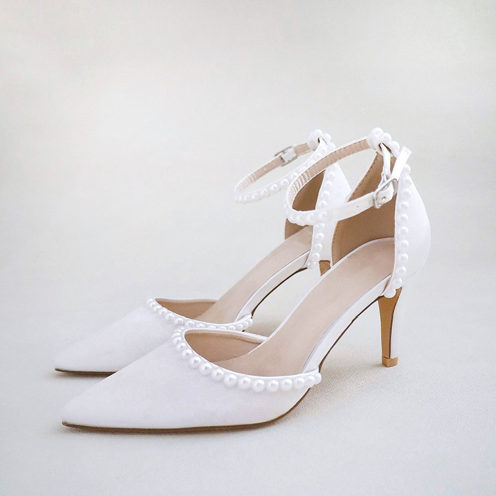 Ivory Satin Pointed Toe Kitten Heel Pearl Buckled Ankle Strap Pumps Nicepairs