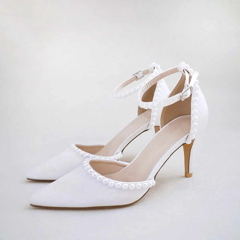 Ivory Satin Pointed Toe Pearl Decorated Buckle Fastening Ankle Strappy Pumps With Kitten Heel Nicepairs