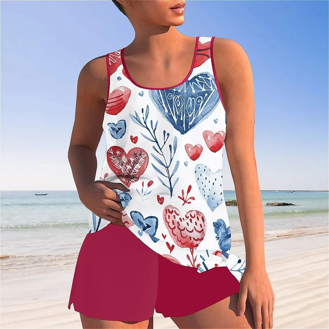 Bowknot Heart,Love,Valentine's Day Mid Waisted Tankini Set - Plus Size Available