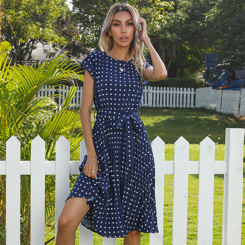 Summer High Waist Midi Elegant Pleated Polka Dots Casual Dress