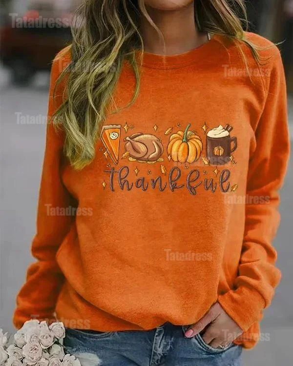 Women's Thankful Pumpkin Pie Thanksgiving Bible Turkey Leaves Fall Autumn Printed Casual Sweatshirt