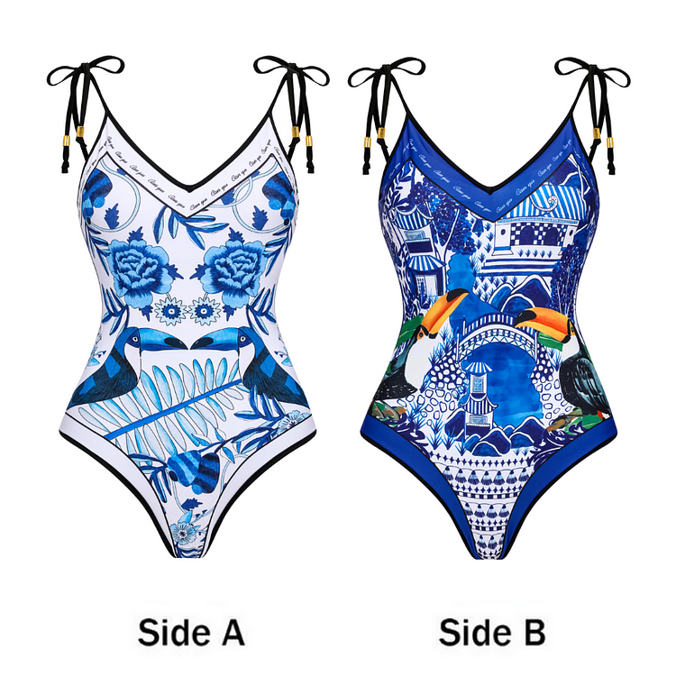 Reversible Tie-shoulder One Piece Swimsuit and Shorts Flaxmaker