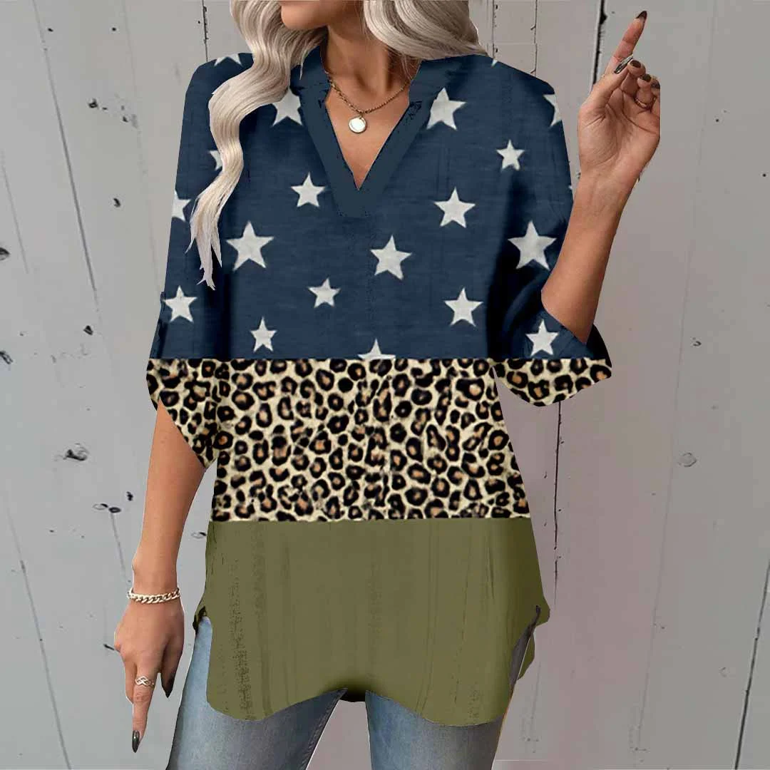 Women Floral, Blue, Patchwork DZGA0047 3/4 Sleeve V-neck Printed Graphic Button Tops