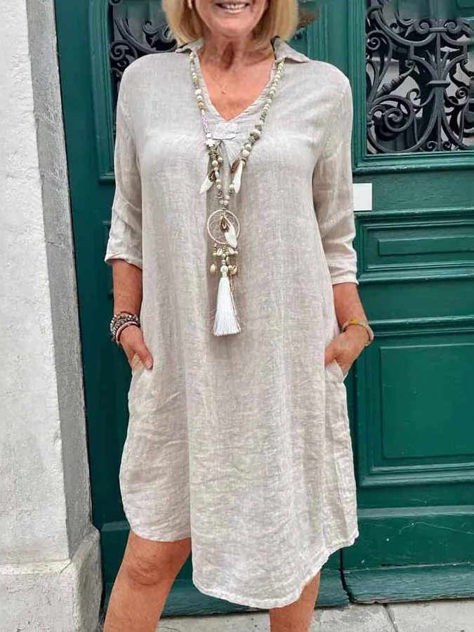Women's Casual Solid Color Loose And Comfortable Cotton And Linen Shirt Dress