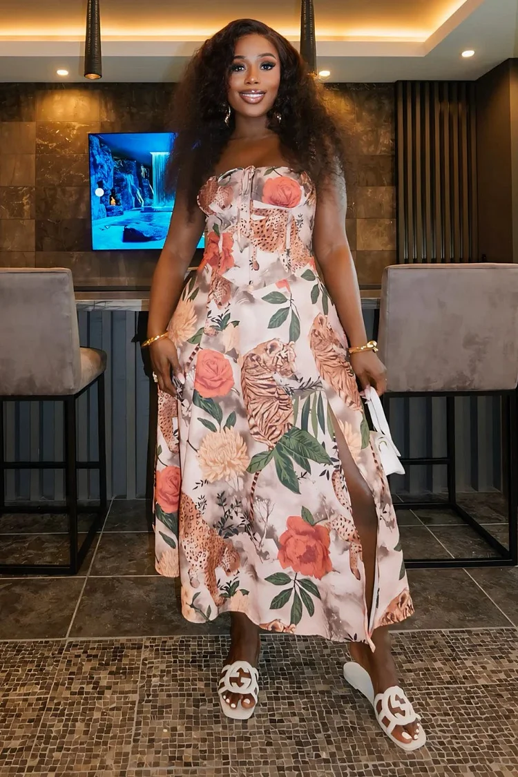 Floral Print Strapless Slit Hem Vacation Maxi Dresses-Khaki [Pre Order]