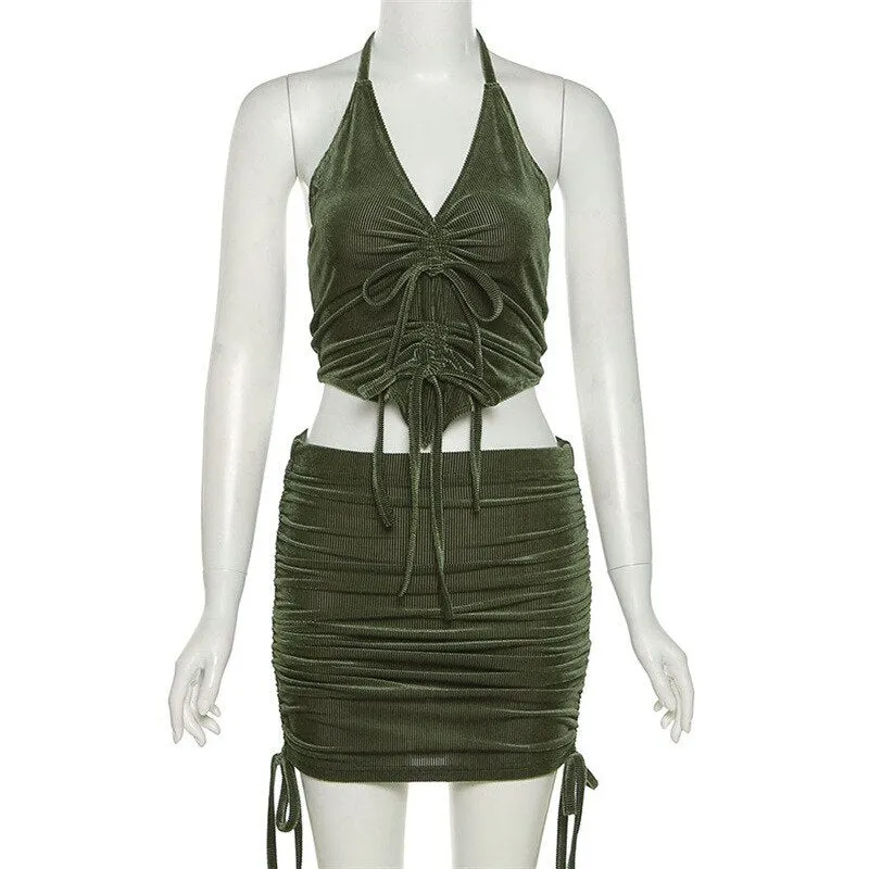 WannaThis Lace Up Cropped Top Two Pieces Sets Drawstring Sleeveless Waist Top And Beachwear Sexy Velvet Suits With Skirts 2021
